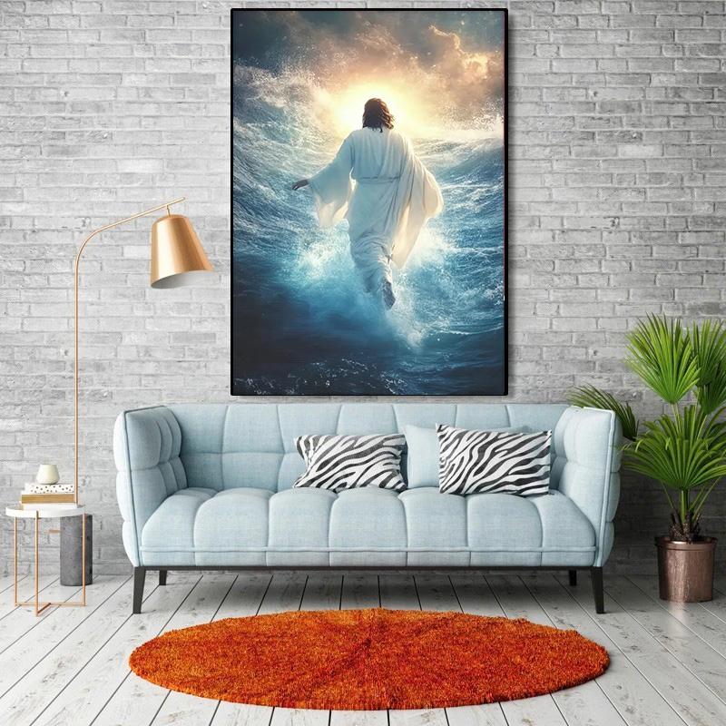 Jesus Walking On Water Canvas Wall Art Modern Vintage Minimalist Design, Print, Serene Religious Art for Living Room, Artwork Scripture Wall Decor
