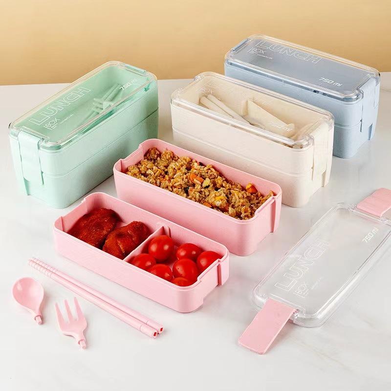 Japanese Double-layer Lunch Box,Ins Wind Fresh-keeping Box, with Fork and Spoon Plastic Double Layer Portable Lunch Box
