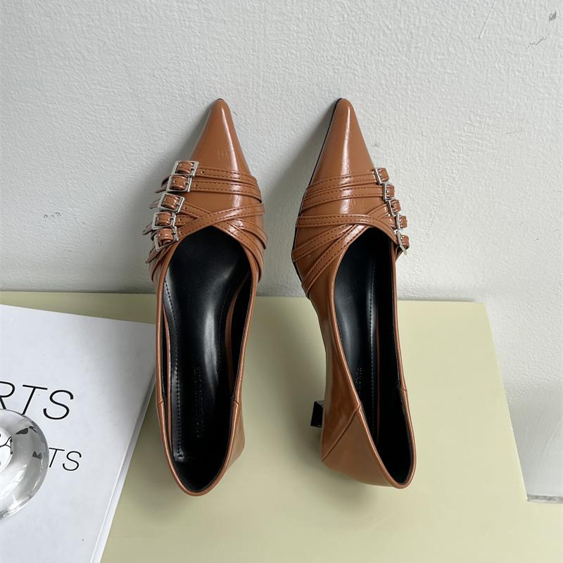 2025 Fashion Pointed Toe Low Heel Pumps Women Shoes Brand Belt Buckle Shallow Slip On Ballet Elegant Pumps For Party Dress Mujer