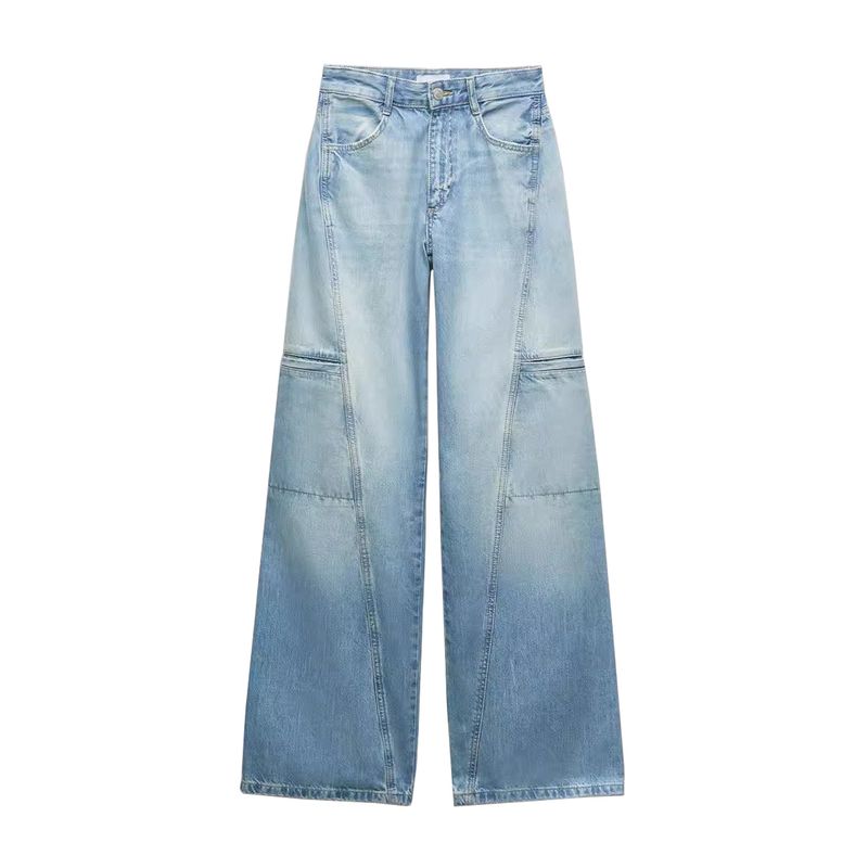 

Spring and Summer Women s Clothing Minimalist Washing Effect Overalls Mid Waist Wide Leg Straight-leg Length Denim 3991028 Blue L