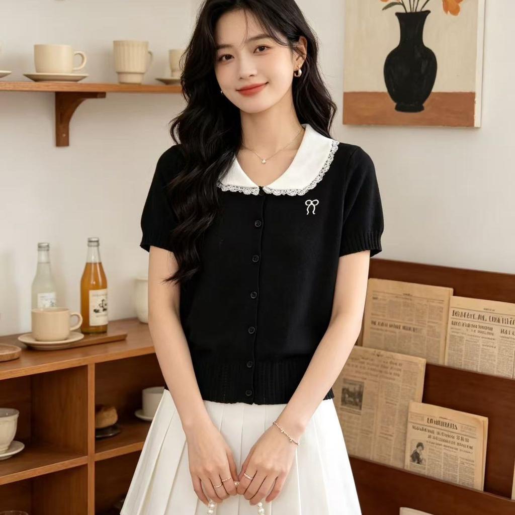 Summer New Style Bow-knitted Cardigan Casual Versatile Top Sweet Style Baby Doll Collar Short-sleeved Knitted Sweater for Women
