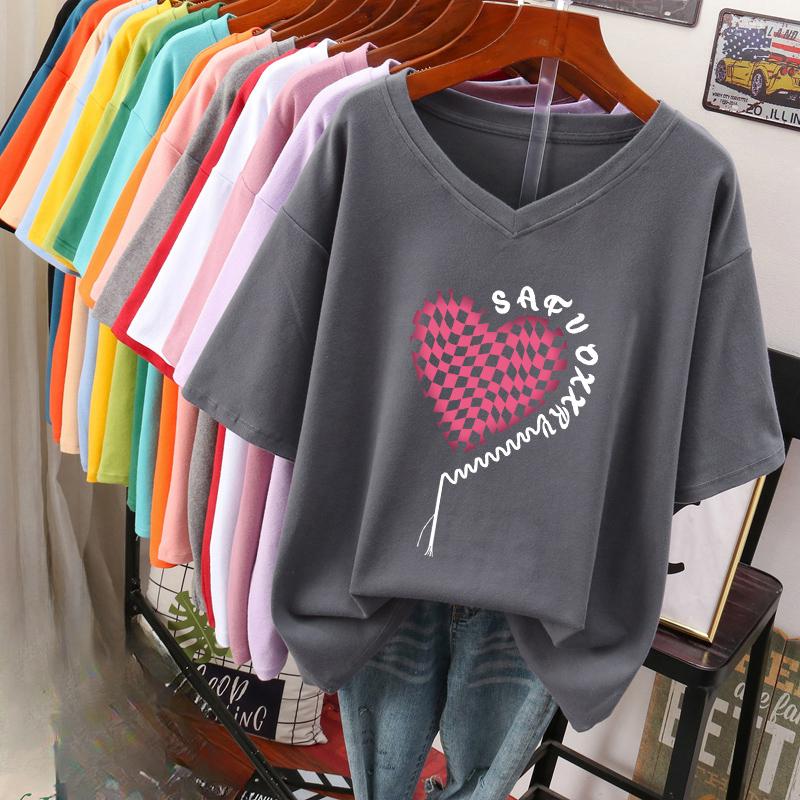 Camiseta de manga curta, Solta, Top V-neck Estampado Emagrecedor para Mulheres