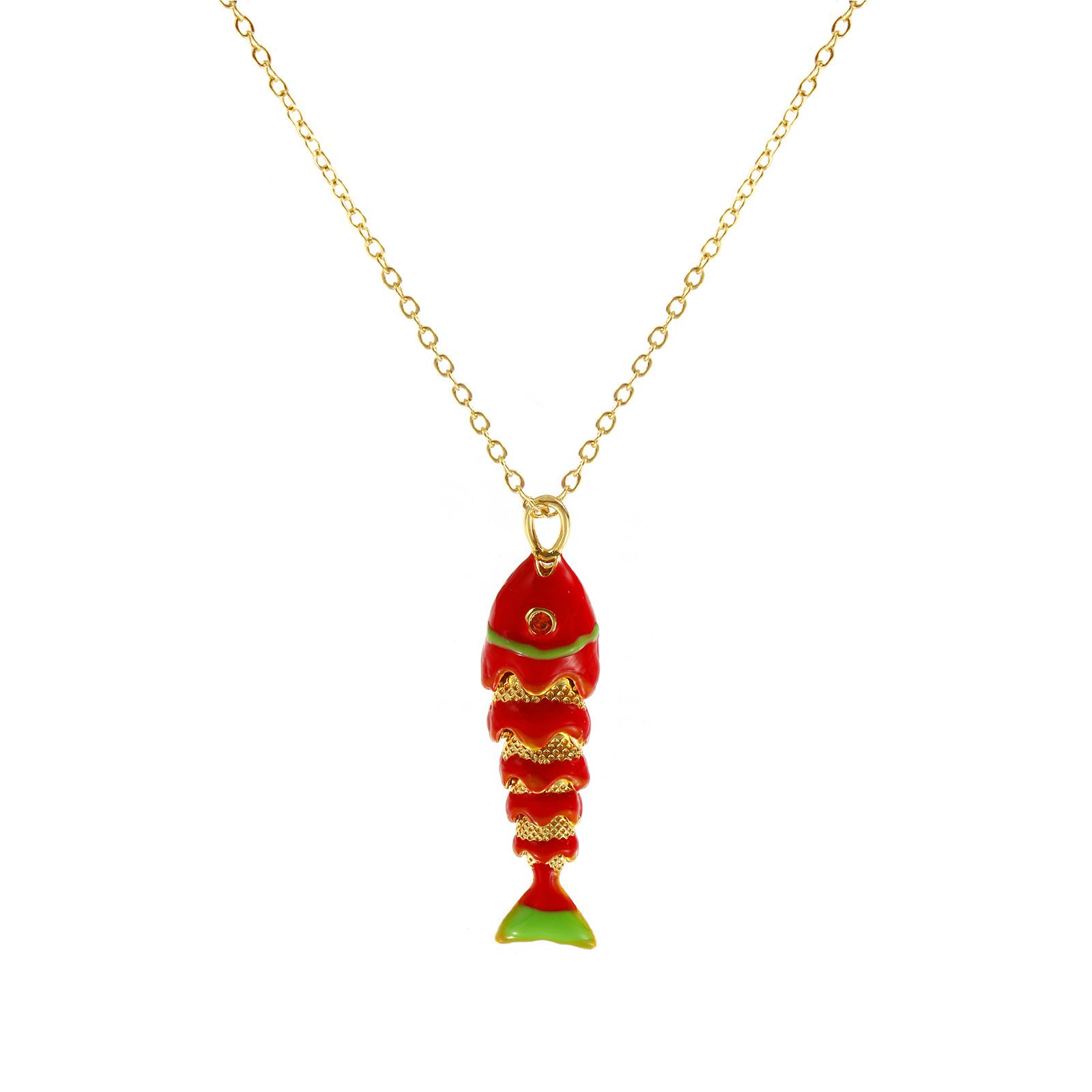 

3D Movable Fish Pendant Necklace 18K Gold Plated Link Cable Chain Brass 46cm + 6cm For Women Enamel Ocean Jewelry Gift красный