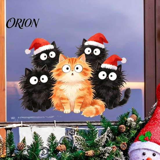 Santa Hat Cartoon Window Stickers Christmas Cling, Cats Sticker with Hat, Removable Creative Party Supplies PVC Static Glass Decal for Holiday Bedroom