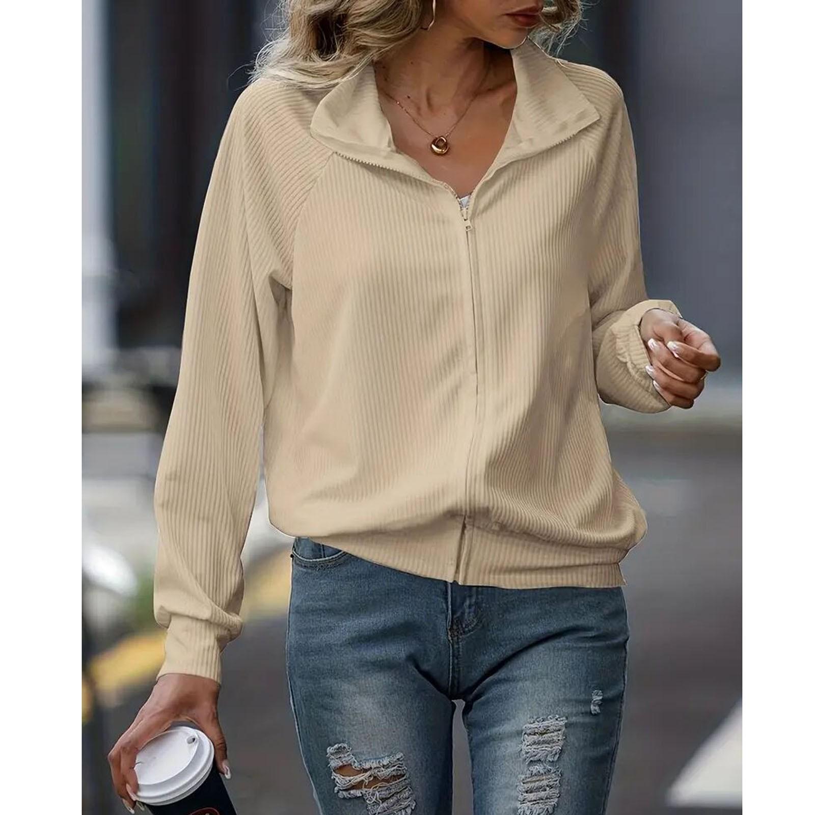 

Женская повседневная однотонная свободная трикотажная куртка с длинными рукавами на молнии XL бежевый