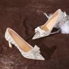 Sheepskin rhinestone bow high heels women's pointed head stiletto bridesmaid wedding dress bride wedding shoes single shoes
