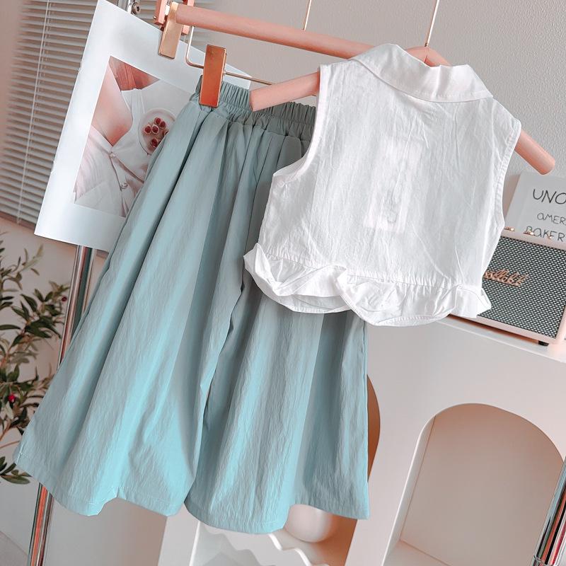 Girls' Summer Flutter Sleeve Top & Wide-Leg Pants Set - New Fashion Design (AXA736)