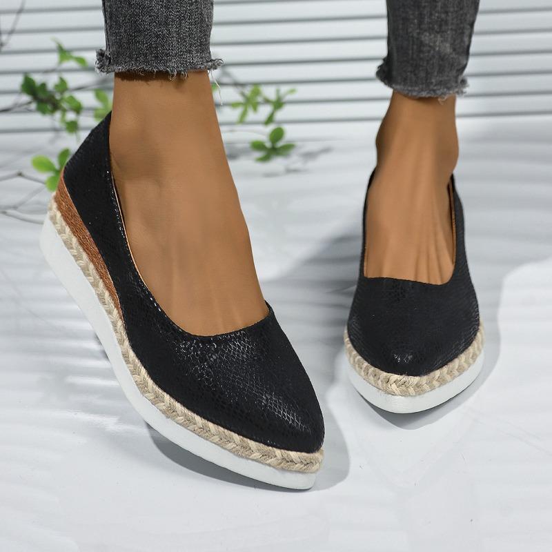 New Spring and Autumn New Woven Hemp Rope Muffin Bottom Shallow Mouth Breathable Snakeskin Pattern Pointed Women's Single Shoes