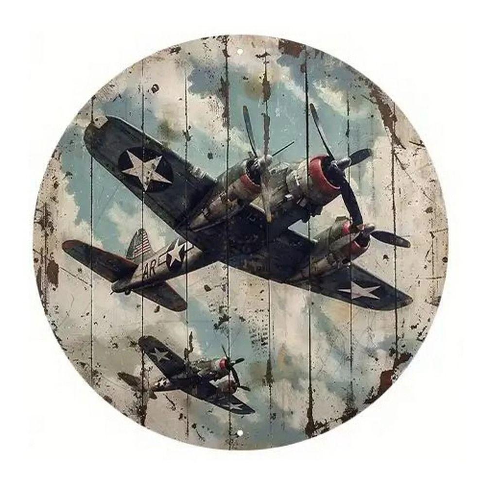 Retro Round Metal Sign Flat Fighter Plane 20x20cm