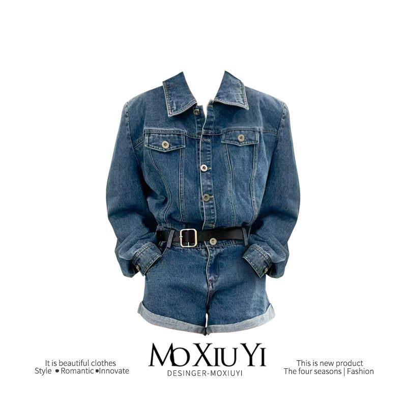 Moxiuyi St [in Stock] Blue Denim Jumpsuit for Women, Spring Vintage Slimming Wide-Leg High-Waisted Short Jumpsuit Jumpsuit S