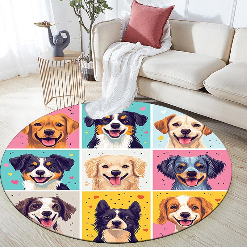 Happy Dog Round Area Rug,Carpet Rug for Living Room Bedroom Sofa Playroom Decor,Non-slip Floor Mat