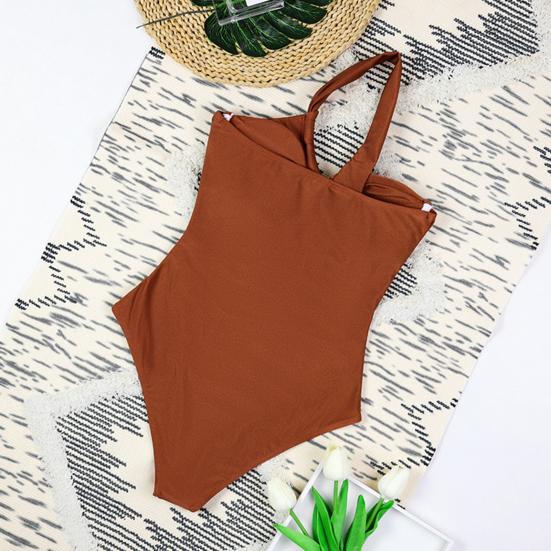 Women One-Piece Swimsuit One Shoulder Padded Steel Support Metal Buckles Monokini Sexy S-Shaped Figure