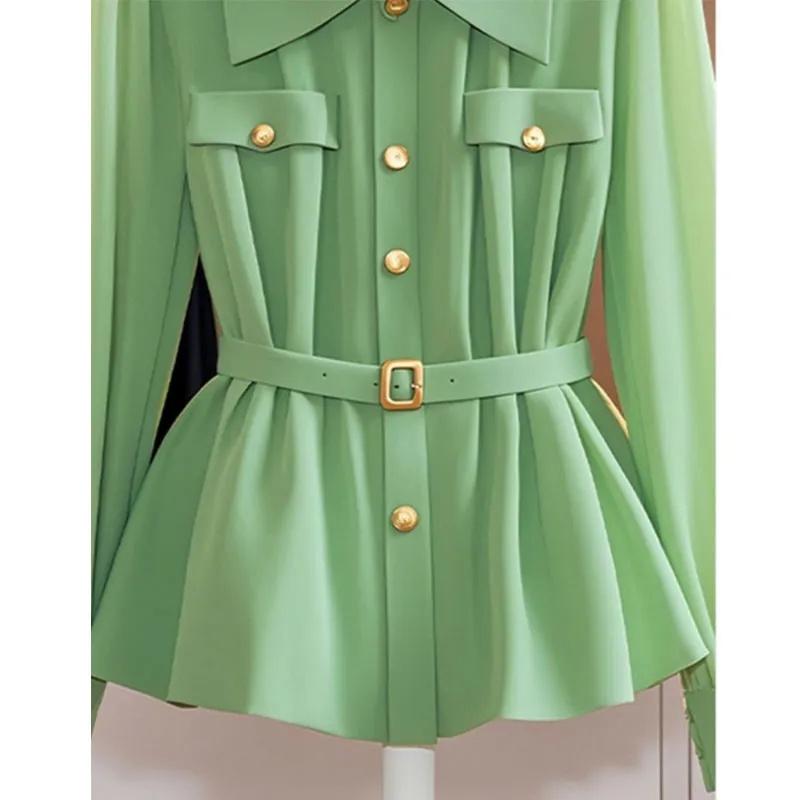 Lente/Zomer Dames Overhemd Effen Kleur Enkelrijig Lange Mouwen High-End Chic Tops Dames Blouse Dames Overhemd Groen