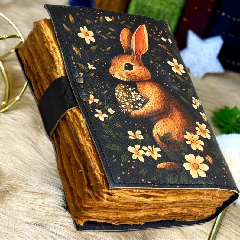 Grimoire Vintage leather journal, Bunny Easter Rabbit Fat Journal, Blank spell book of shadows Celestial Christmas Gifts