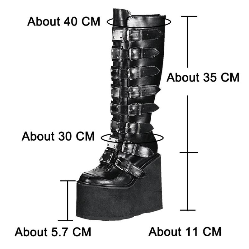 SyfIyno New European and American Long Boots with A Metal Buckle Strap of 11cm Thick Sole and High Boots In Extra Size