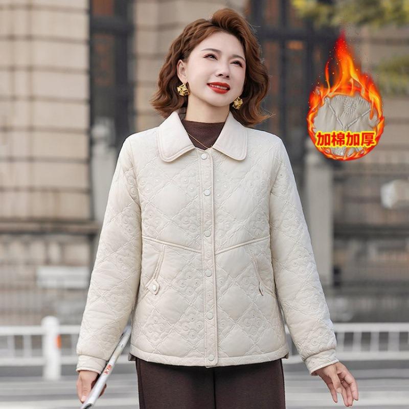 

Winter padded jacket large size light and thin padded jacket warm new middle-aged and old women autumn and winter warm padded jacket 5XL [Recommended 150-80 kg] бежевый