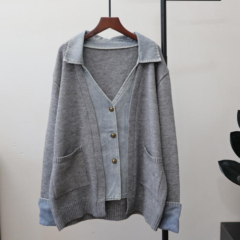 

Осень и зима новый вязаный кардиган из денима в стиле пэчворк, темпераментный, с высоким чувством стиля, свободный свитер-куртка для женщин One size