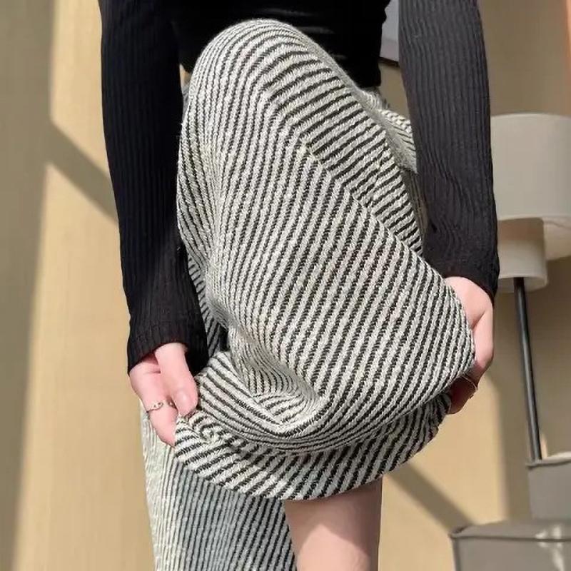 Dámské kalhoty s vysokým pasem a zvonovými nohavicemi, rovné nohavice, ležérní kalhoty, šedý pruhovaný tvíd, jarní móda