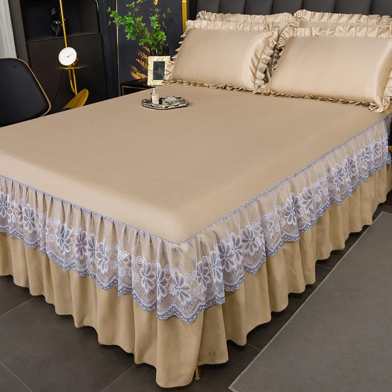 Korean Version Lace Solid Color Bed Skirt Three Piece Set, Skin Friendly Double-layer Bed Cover, Non Slip Bed Cover