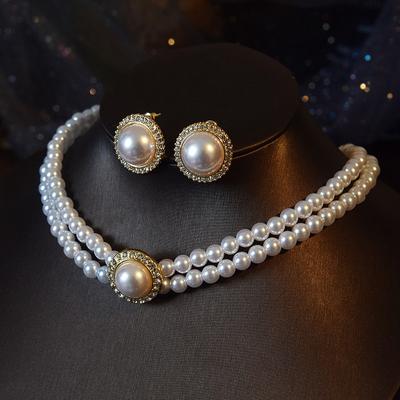 Women Elegant Pearl Double Layers Necklace Earrings Exquisite Vintage Classic Chains for Lady Party Wedding Retro Jewelry Choker