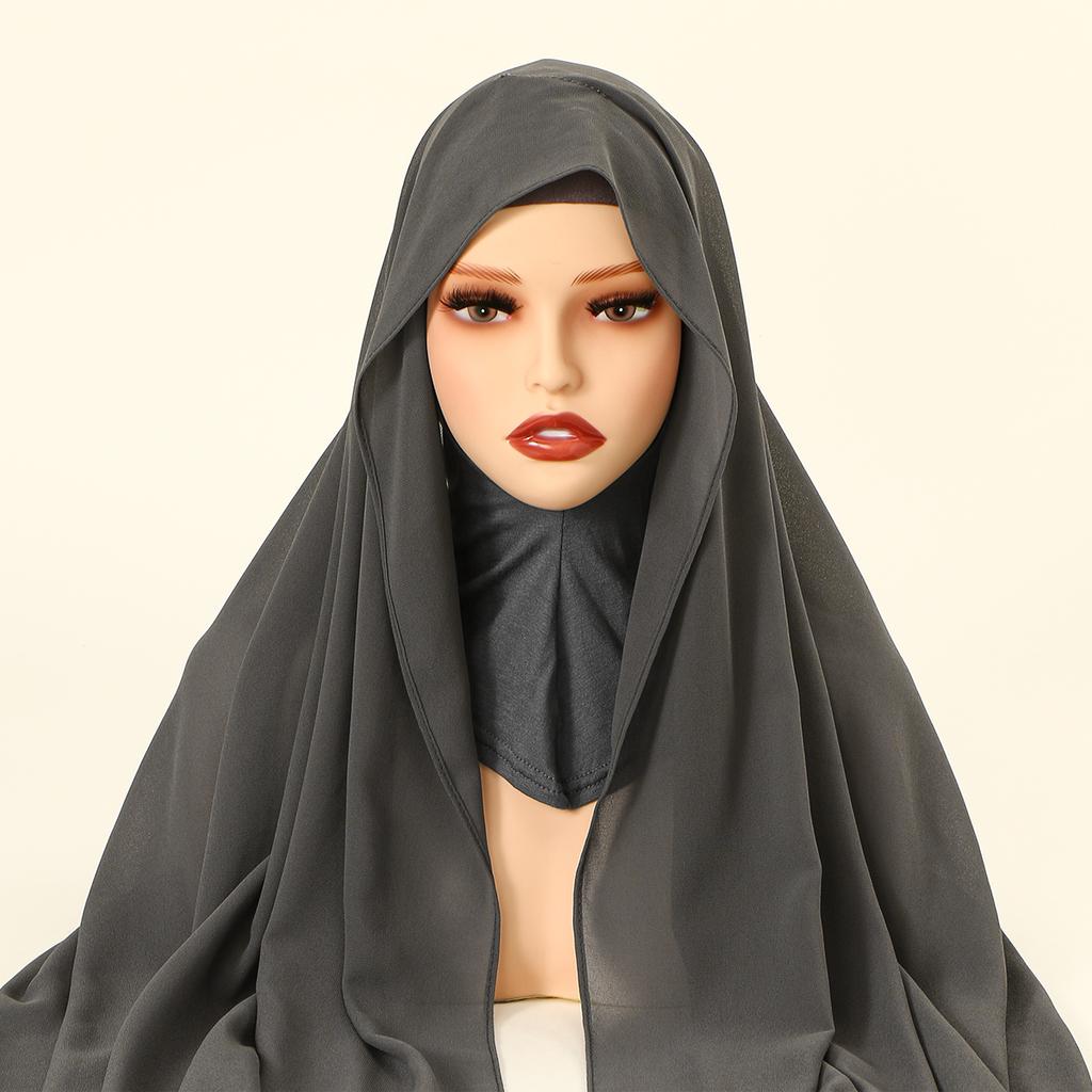 Ramadan Instant Hijab Set Long Neck Cap With Chiffon Scarf Solid Bonnet Hat And Scarf Combo Muslim Woman Hijab Shawl Wrap Turban