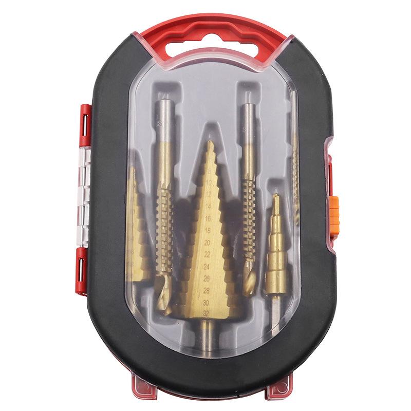 6-Piece Titanium-Plated Pagoda Step Drill Bit Set with Triangle Shank for Woodworking and Grooving