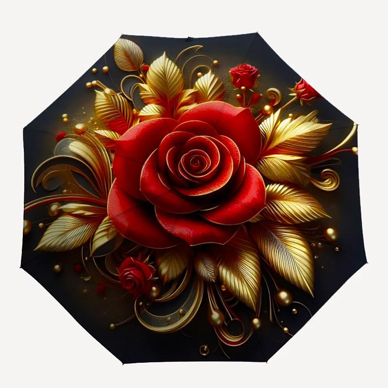 

1pc Red Rose Gold Leaf Folding Umbrella, Durable, Suitable for Outdoor Activities or Rain, Suitable for Commuting yy251027115