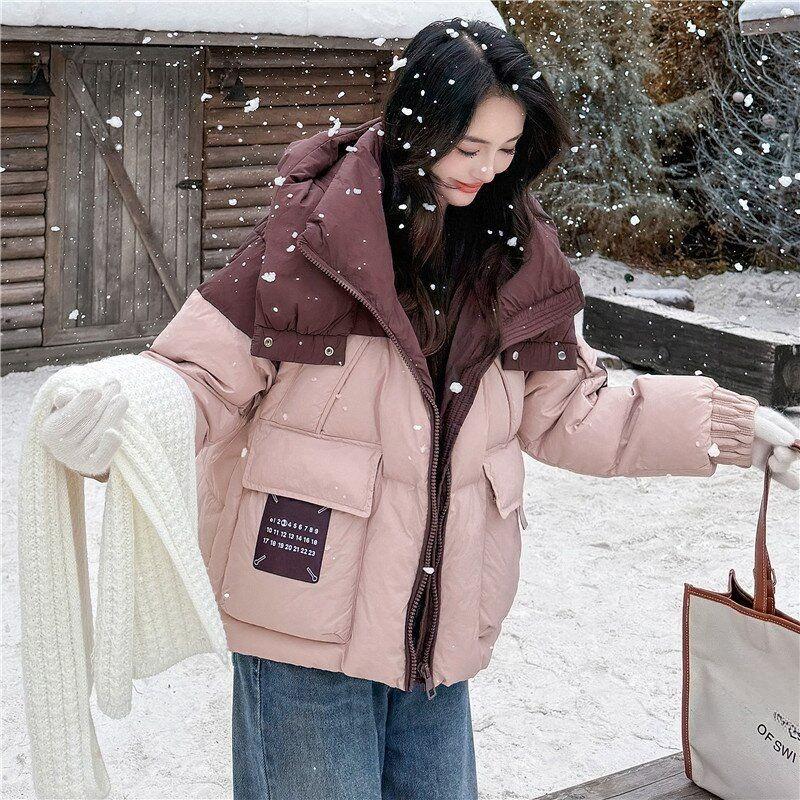 Winter Women Color Block Patchwork Hooded Cotton Jacket Short Korean Style Coat
