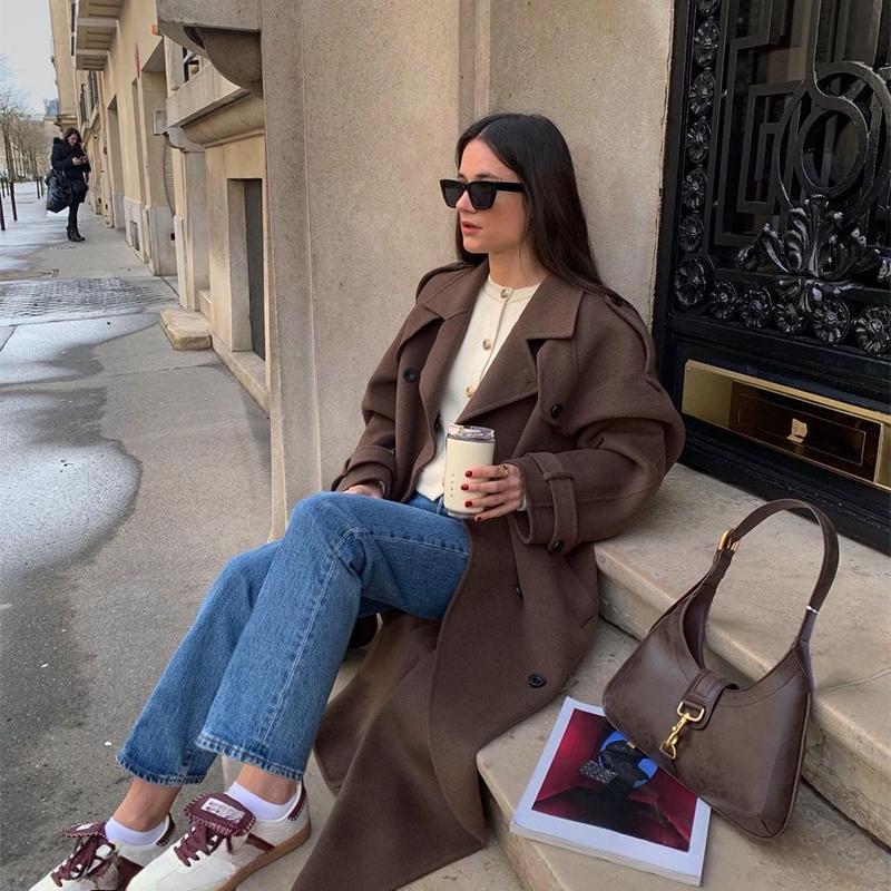 Kabát s klopami, dvouřadé zapínání, temperamentní vlněný dlouhý kabát, silná látka, dámská teplá bunda, podzim 2025