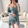 New Pajamas Women's Spring and Summer Sexy Ice Silk Thin Leopard Print Three-piece Set Suspender Shorts Nightgown Loungewear Set