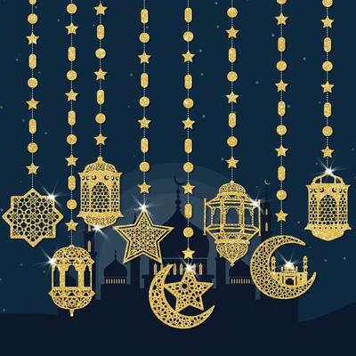 Gold Silver Ramadan Kareem Decor Glitter Paper Hang Garland Star Moon Lantern Middle Eastern Party