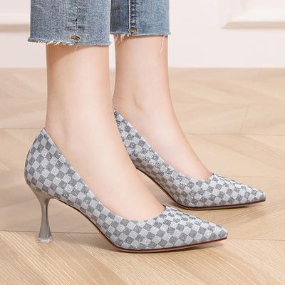 High Heels Women 'S New Women 'S Shoes Spring Korean Version Pointed Toe Shallow Mouth Single Shoes Women 'S Stiletto Plaid Women