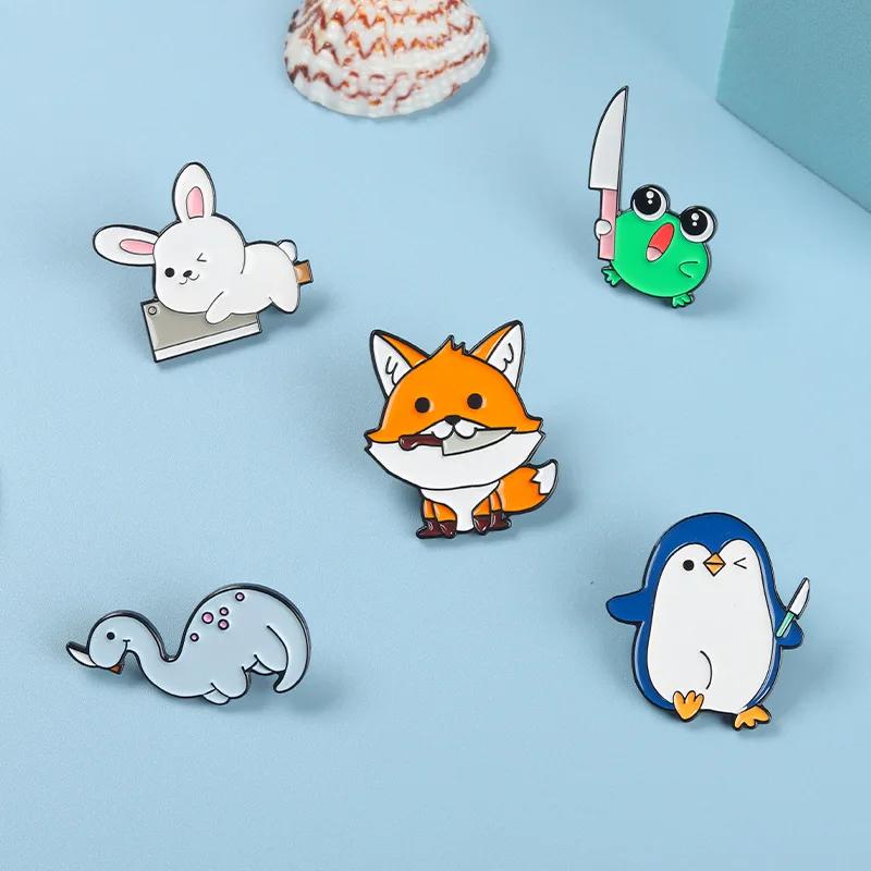 Funny Cartoon Fox Knife Art Brooches Enamel Metal Badges Animal Pins Backpack Hat Shirt Lapel Pin for Kids Women Bag Clothes DIY