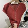 A Stylish V-neck, Hollowed-out Short-sleeved T-shirt for Women, A New Summer Thin Knitted Top That Is Slimming and Flattering