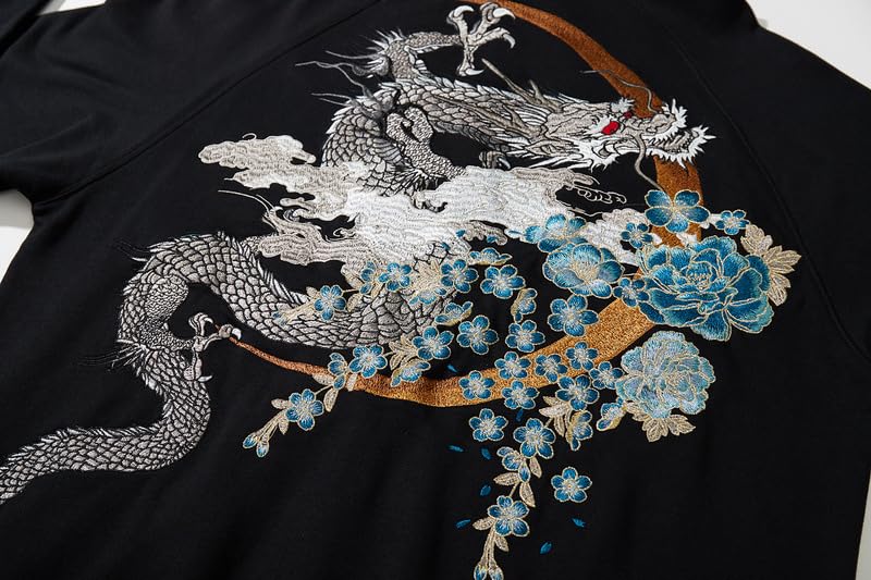 East Rain Men's Hooded Pullover with Dragon Embroidery, Zip-Up Jersey, Long Sleeve, Unique Cotton Sweatshirt, Oversized Outerwear, FUN401