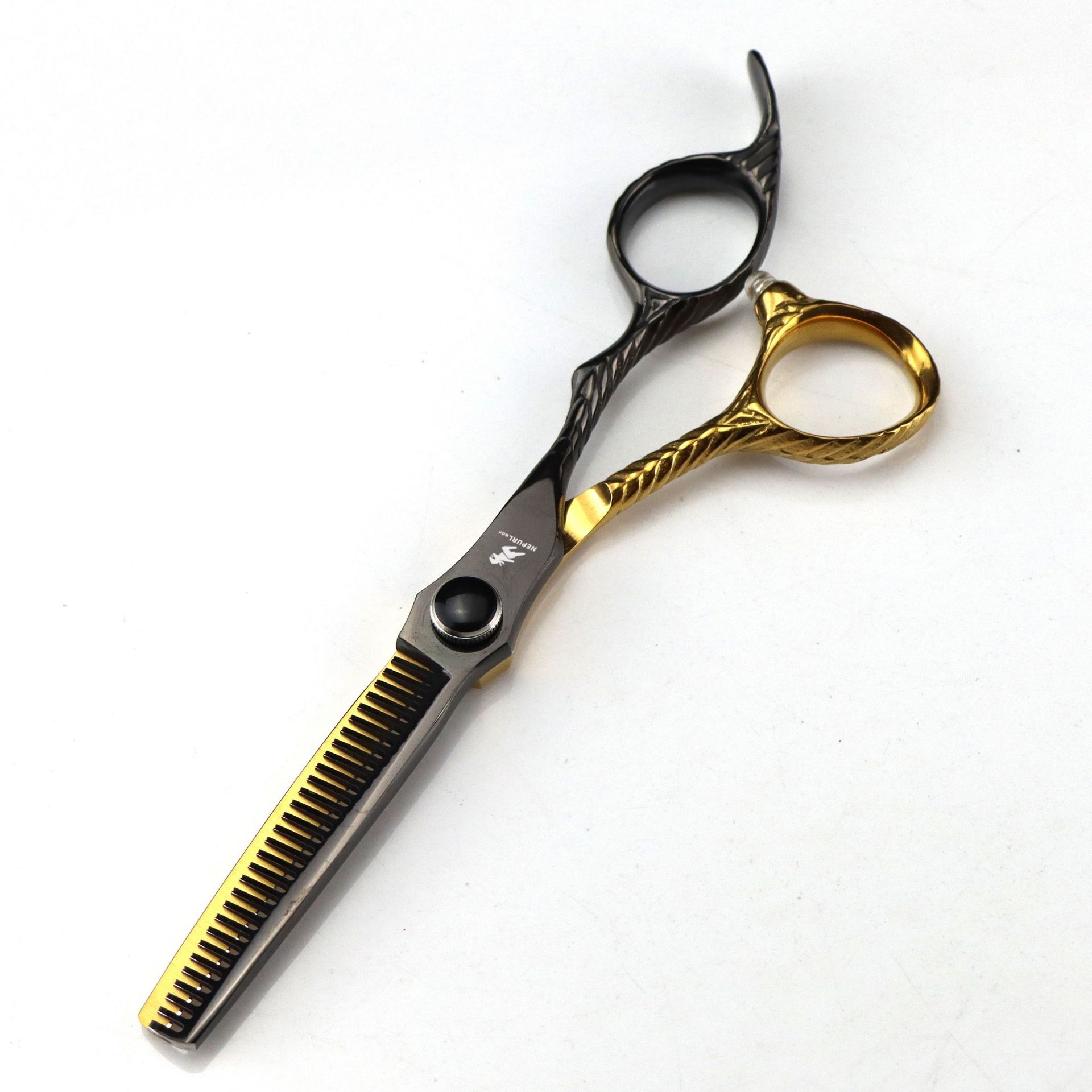 

Black And Gold Dimash Handle Hair Scissors, Haircut, Flat Scissors, Bangs, Tooth Scissors, Thin Scissors Fmlt-01 straight head&stainless steel&fine polishing