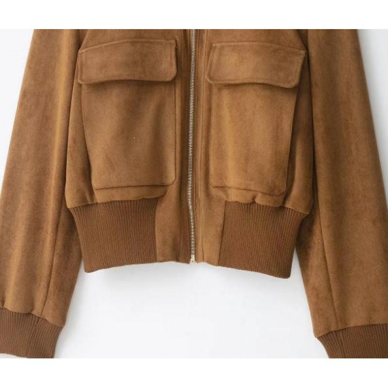 Womens Stand Collar French Style Bomber Jacket In Light Brown Ribbed Cuffs Short Length Regular Fit