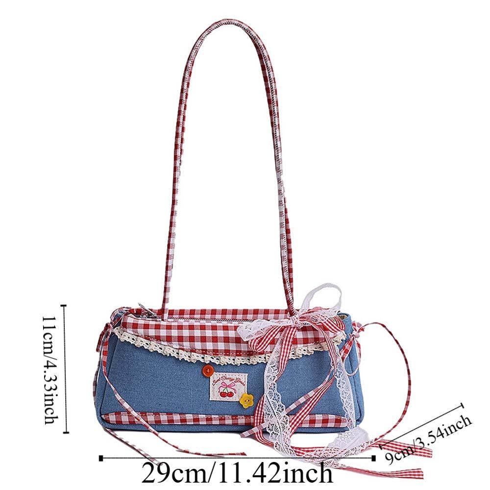 Denim Blue French Stick Handbag Sweet Cloth Underarm Bags All-match Plaid Shoulder Bag Women