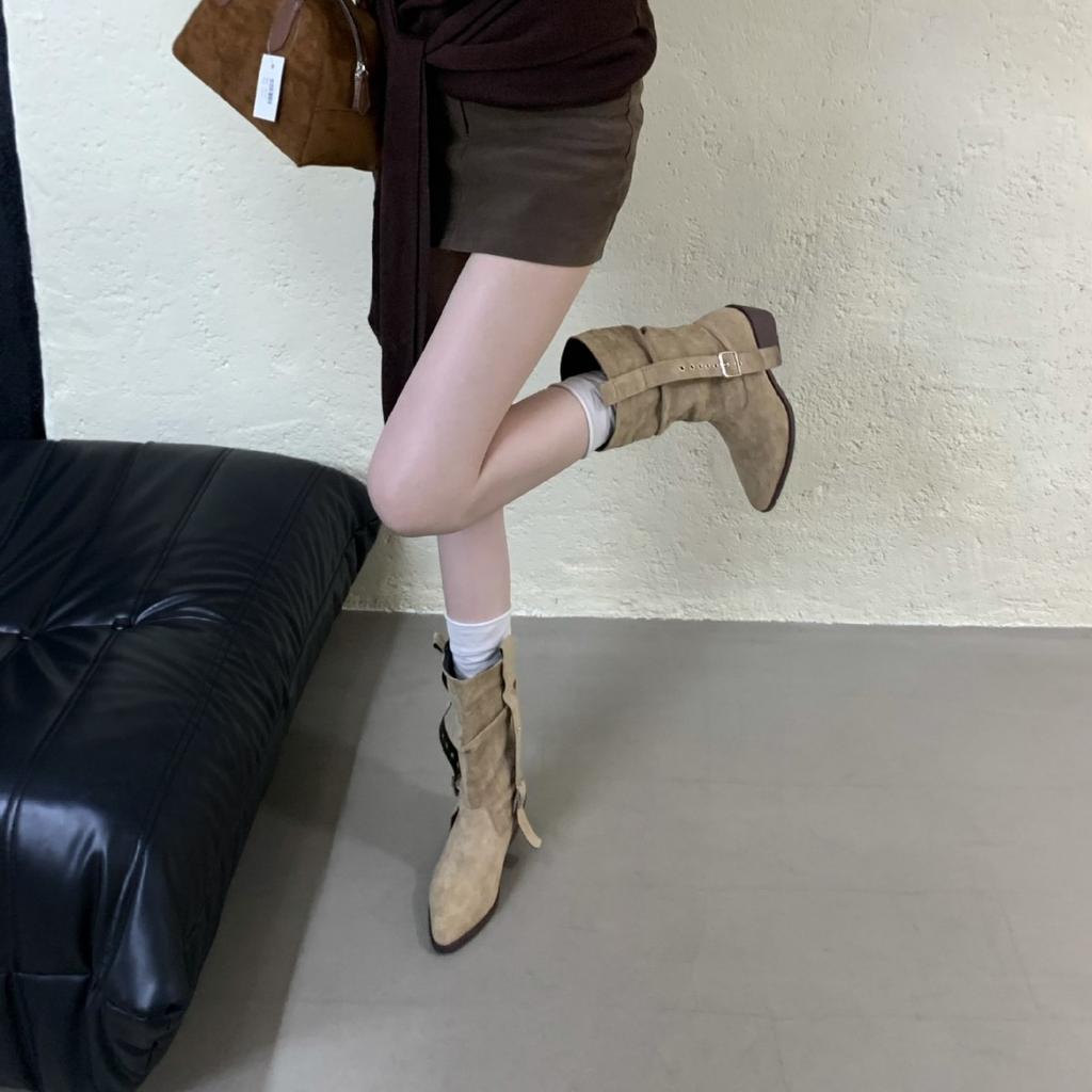2025 Autumn and Winter New Round Head Thick Heel Belt Buckle Medium Tube Thin Fashion Martin Western Women's Short Boots