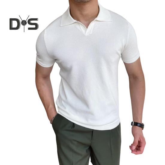 Pánské letní tričko s krátkým rukávem, ohrnutým límcem, výstřihem do V, jednobarevný volný svetr, střední délky, pro obchodní příležitosti, kancelář, randění