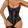 Women’s Sexy One-Piece Lingerie European and American Style Lace Spaghetti Strap Bodysuit with Attached Stockings, Erotic Intimate Wear