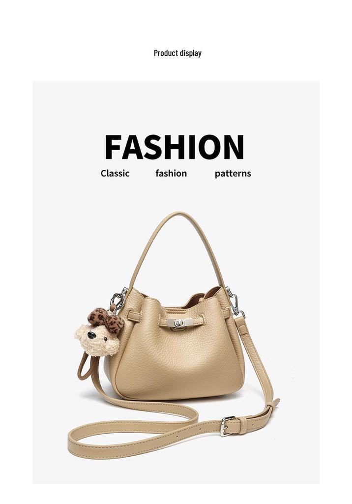 Korean Style Genuine Leather Bucket Bag with Cute Dog Pendant - Versatile Crossbody and Shoulder Bag for Women