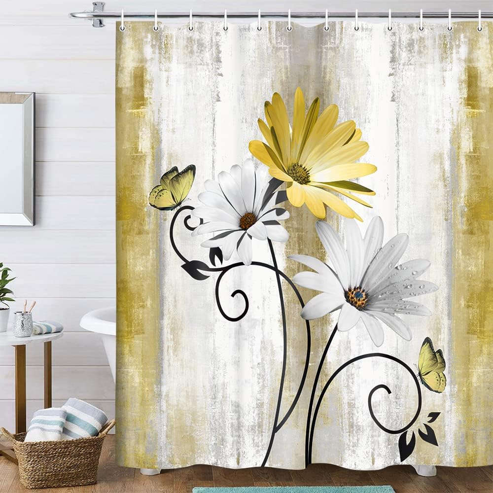 

Rustic Farmhouse Shower Curtain Teal Daisy Floral Flower And Butterfly On Country Wooden Fabric Bathroom Decor With Hooks W60H190(CM)-1 Pcs