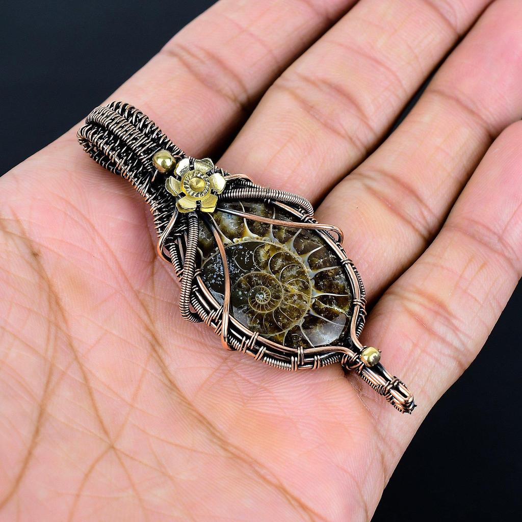 Ammonit Fossil 999 Kupferdraht umwickelter Anhänger, Handgefertigter Edelstein Schmuckanhänger für den Gedenktag