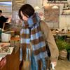 Autumn and winter new blue plaid scarf women's winter warm thickened versatile fringed scarf student shawl