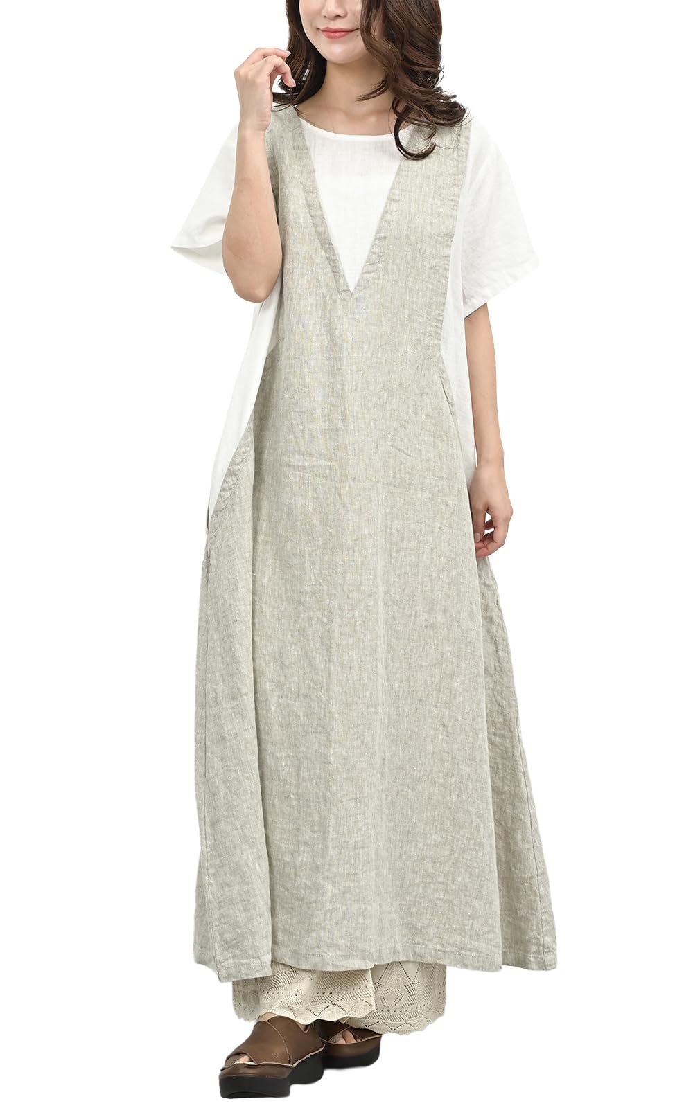 

JANJAM Женское льняное платье-сарафан большого размера, с короткими рукавами, длинное, многослойный вид, 08mab Linen100, Греж x Кремовый, Размеры M-3L