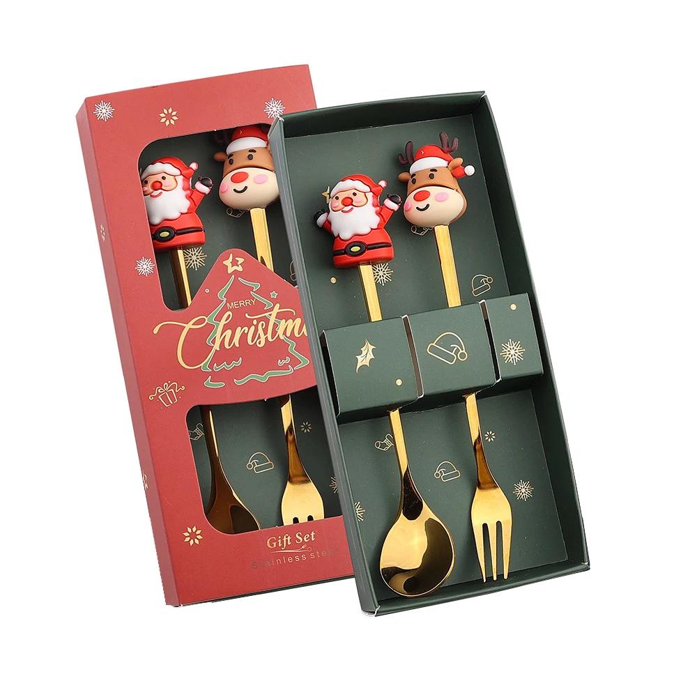 2/4/6PCS Christmas Gift Glod Spoon Fork Set Elk Christmas Cutlery Set Tree Decoration Dessert Scoop Fruit Fork Coffee Spoon