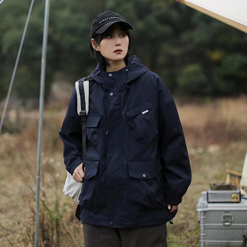 

Unisex Japanese Workwear Windbreaker: Spring/Autumn Multi-Pocket Casual Hooded Jacket L темно-синий