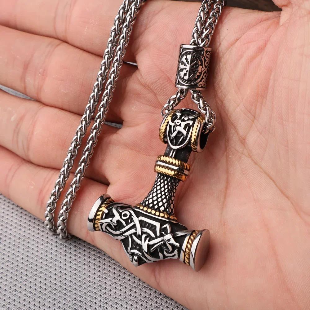 Flerfärgad pärlhalsband med vikingahammare och Thors hammare, rostfritt stål, herrhalsband, Mjolner amulett, smycken