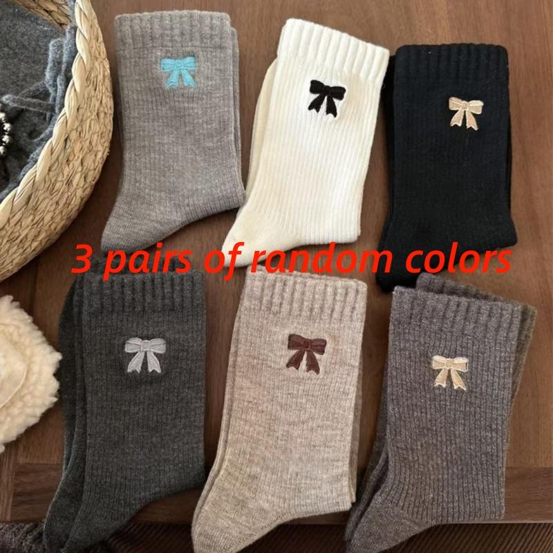 

Bowknot socks, Korean-style women s autumn and winter warm plush retro mid-calf socks, brown mid-calf women s socks One Size